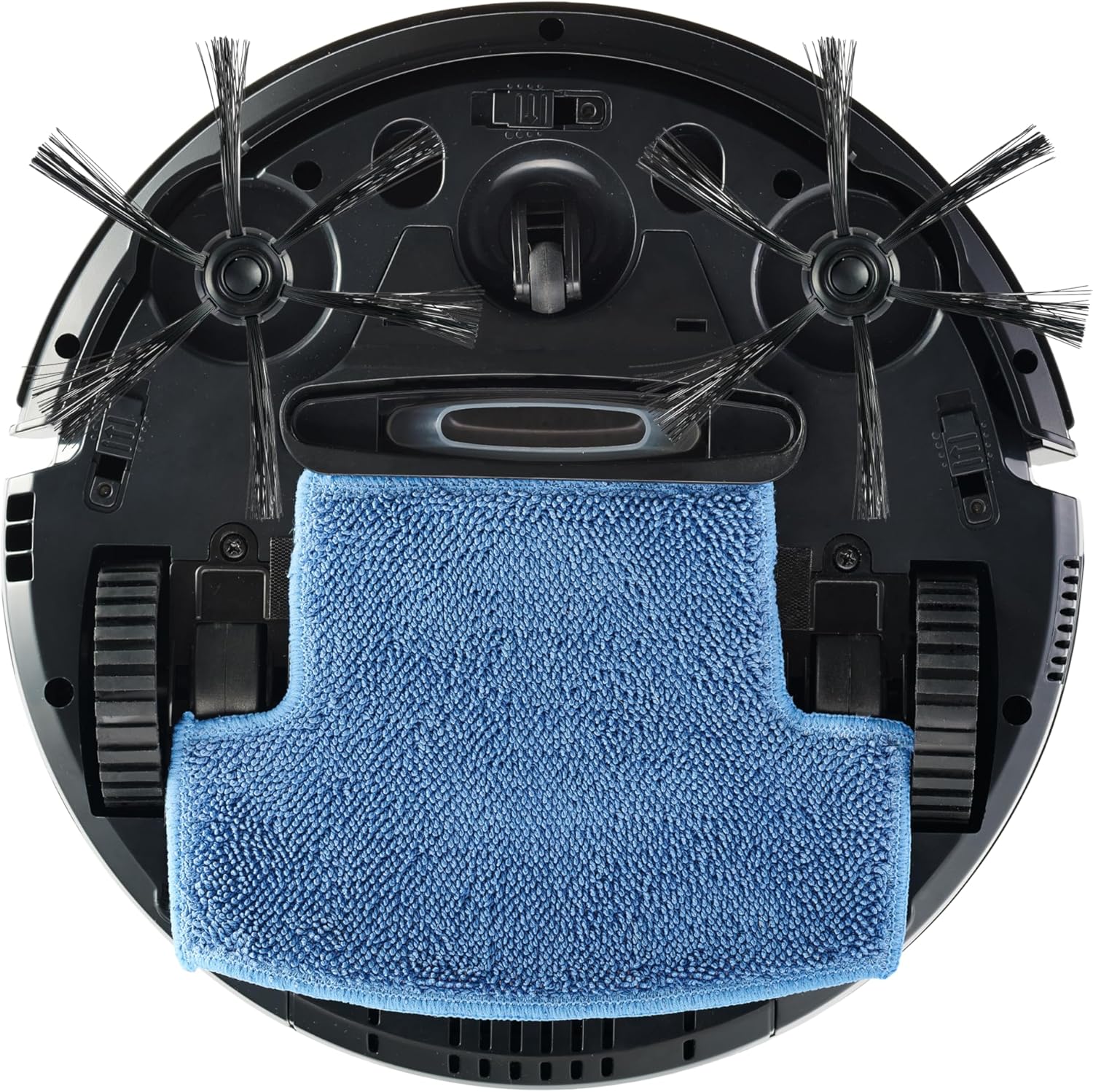 Parte inferior do robô aspirador WAP W100 mostrando escovas e pano de limpeza